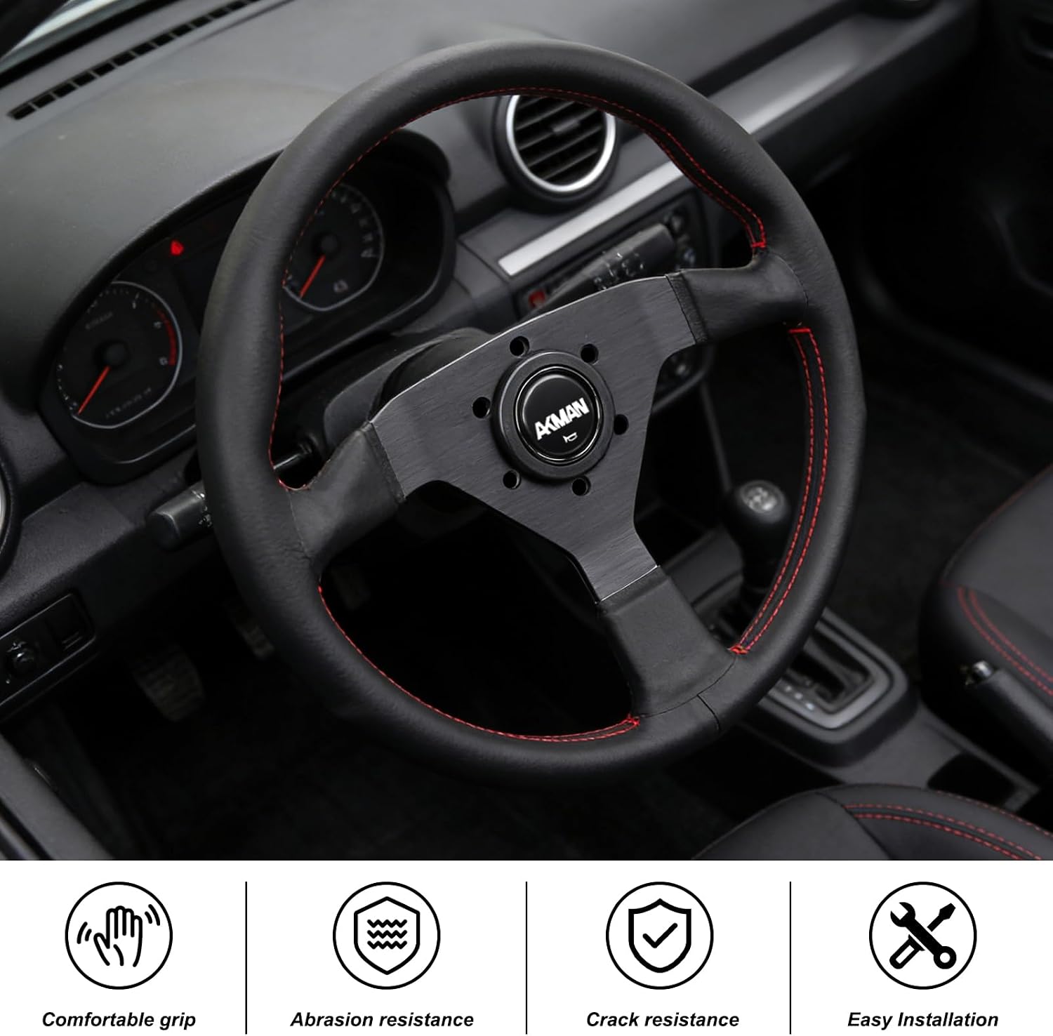 13.6inch/345mm Steering Wheel Black Leather Grip Racing Sport with red Stitching 6 Bolts Black Leather Hand Grip Steering Wheel with Horn Button