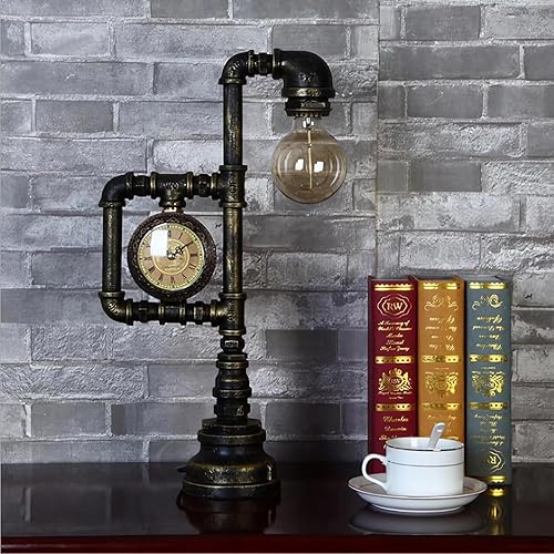 Miniatura 3 de Lámpara de mesa Steampunk, lámpara de mesa creativa de tubo de agua con reloj, lámpara de escritorio de lectura industrial vintage de metal para