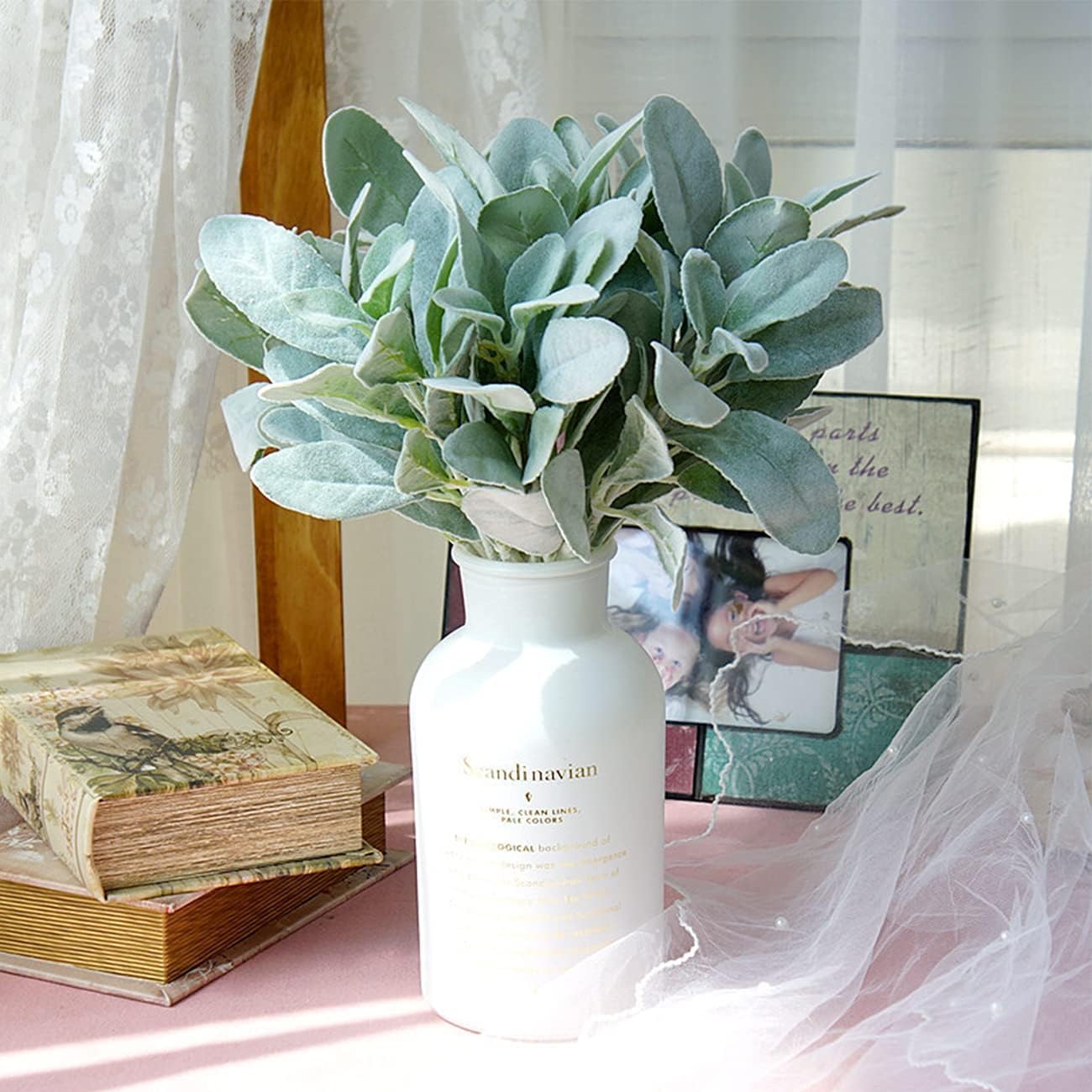 Tinsow Artificial Flocked Lambs Ear Leaves Dusty Miller Stems Flocked Oak Leaves Lamb's Ear Blade for Home Wedding DIY Floral Arrangement (Silver Lamb's Ear, 20)