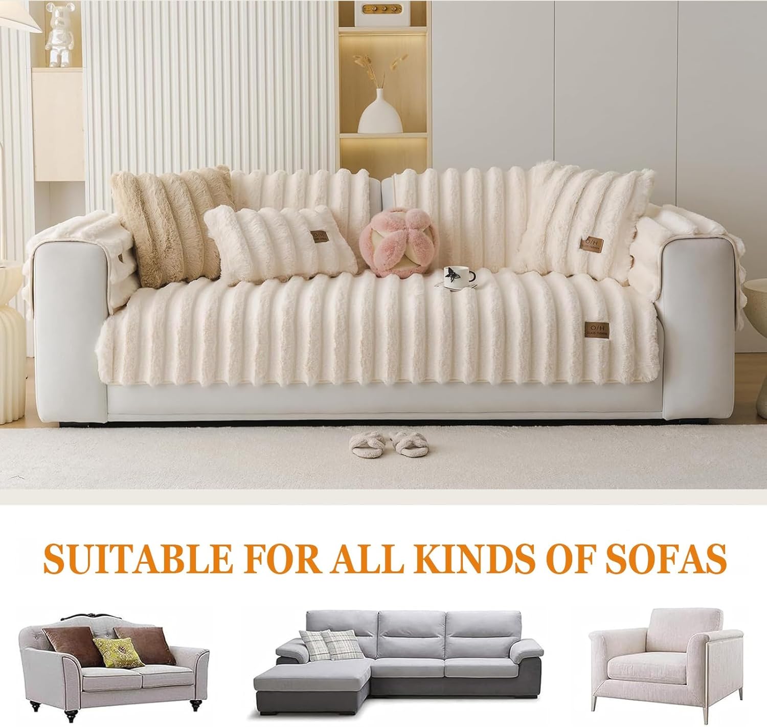 Faux Rabbit Fur Couch Sofa Cover Washable,Thick Soft Sectional Furry Fluffy Cushion Non-Slip Slipcovers Furniture Protector for Dogs Cats(Coffee,110 * 210cm)