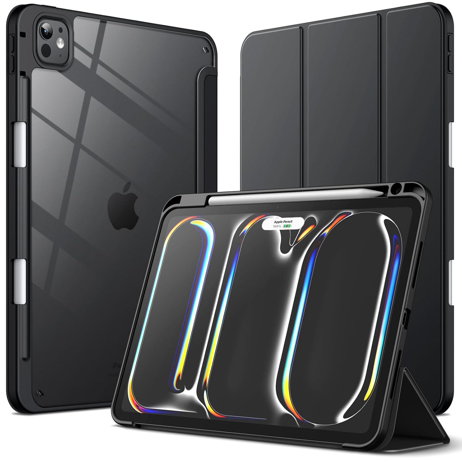 JETech Cover Case for iPad Pro 11-Inch M5/M4 2025/2024 (6th/5th Generation) with Pencil Holder, Clear Transparent Back Shell Slim Stand Shockproof Tablet Cover, Auto Wake/Sleep (Black)