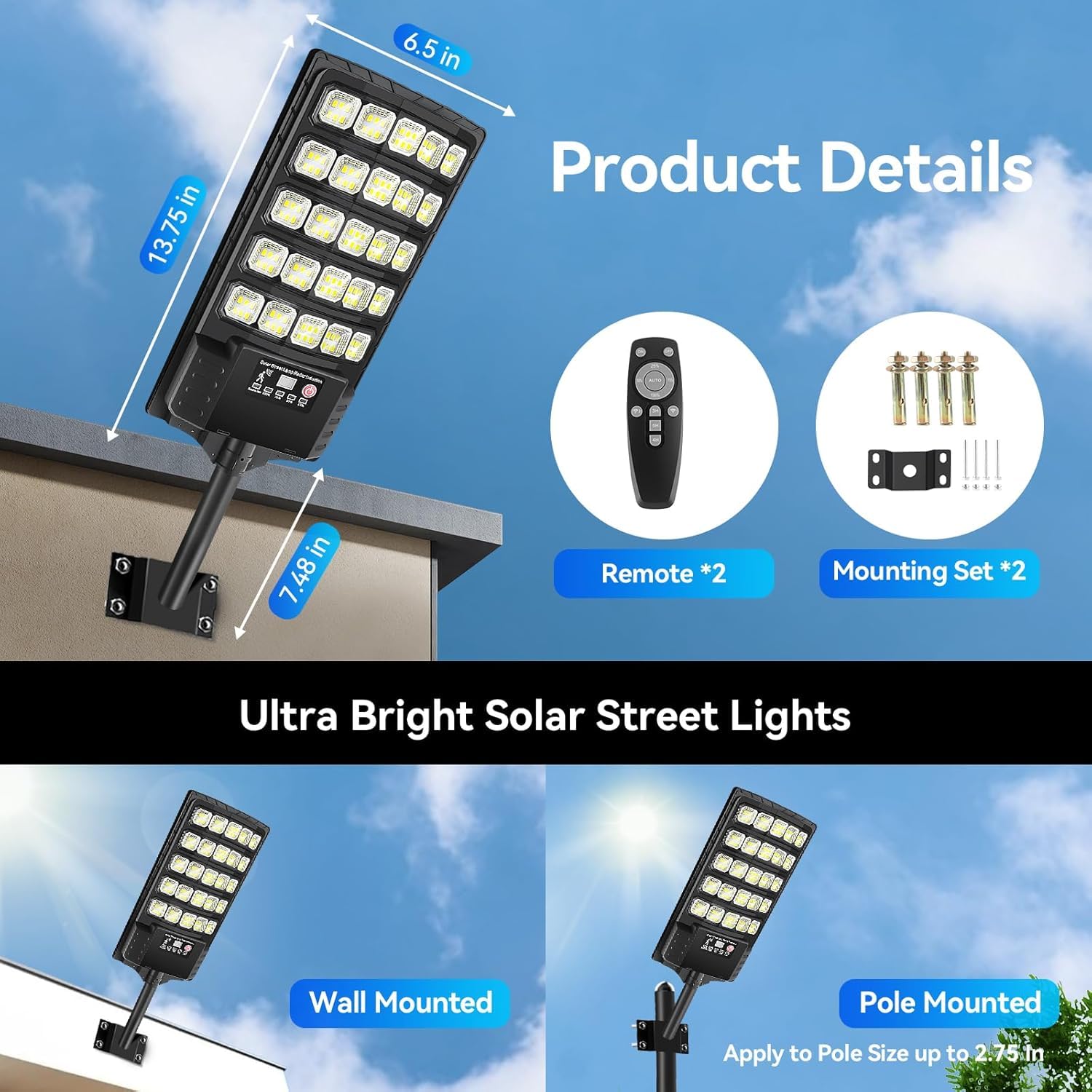 600W Farolas Solares Exteriores, Potente Farola Solar con Sensor de Movimiento,Mando a Distancia,6500K Impermeable Foco Solar Luz de Seguridad para Jardín,Patio,Parcela,2 Paquetes