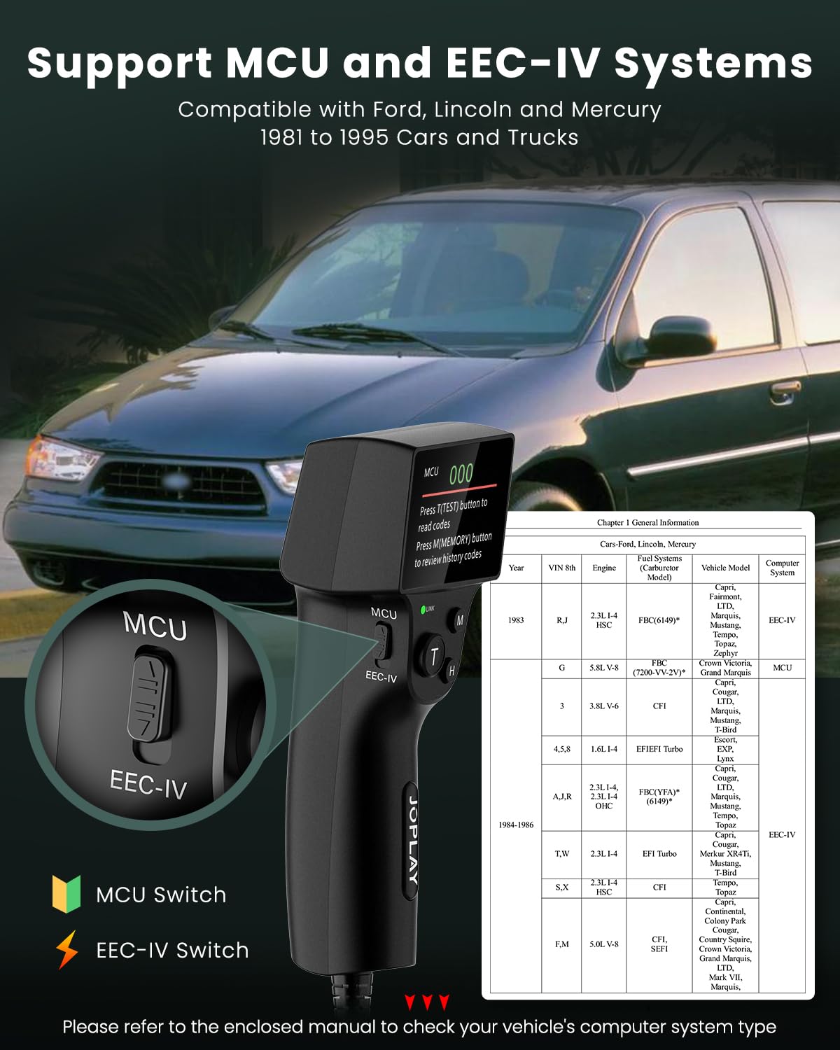 JOPLAY OBD1 Scanner für Ford, 2 in 1 Digitaler Codeleser mit eingebauten verstärkten Pins und 9 Fuß Kabel OBD 1 Scan-Werkzeug für Ford, Lincoln, Mercury von 1981-1995, einfach für alle