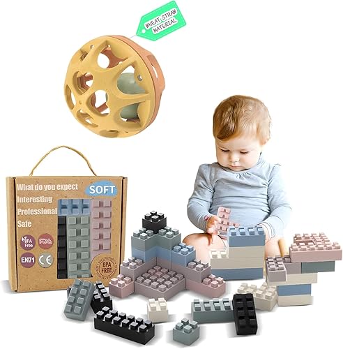 Montessori - Juego de pelota de sonajero y bloque para bebé, 24 juguetes sensoriales apilables + juguetes masticables para la dentición para niños
