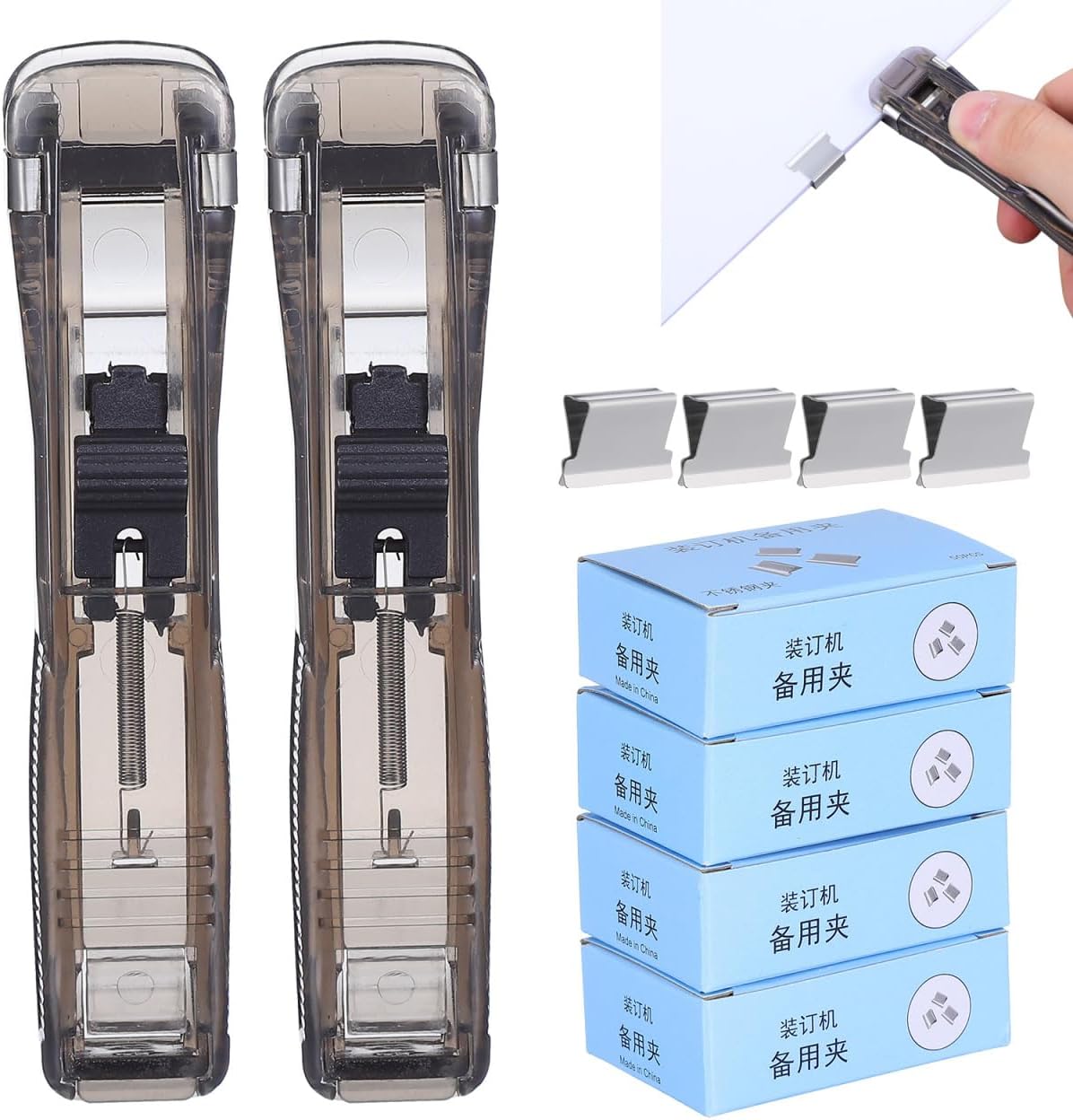 Portable Paper Clam Clip Dispenser 2pcs - Reusable Push Stapler with 200 Refill Clips, No-Hole Binding - Up to 40 Sheet Capacity, Handheld for Document Office School Desk (Black)