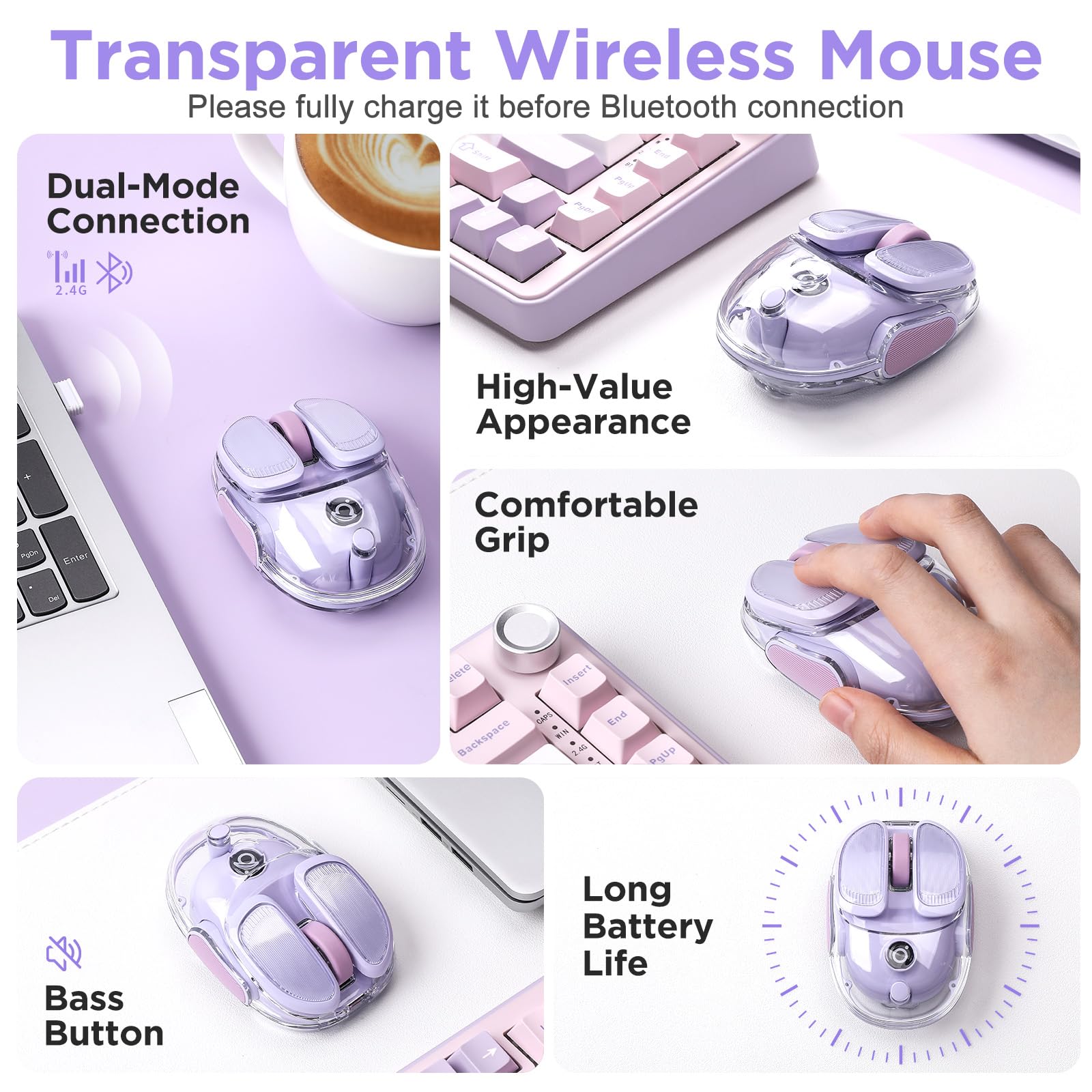 Q9 - Ratón inalámbrico portátil silencioso de 2,4 GHz/Bluetooth, modo dual, 4 DPI ajustables, 4800 DPI con iluminación RGB, compatible con Win/Mac/Android/iOS (morado)