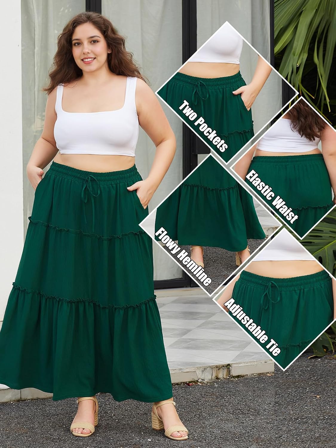 Moon Wood Plus Size Maxi Skirts for Women Trendy Long Flowy Boho Tiered Skirt Renaissance Summer Beach Skirt with Pockets