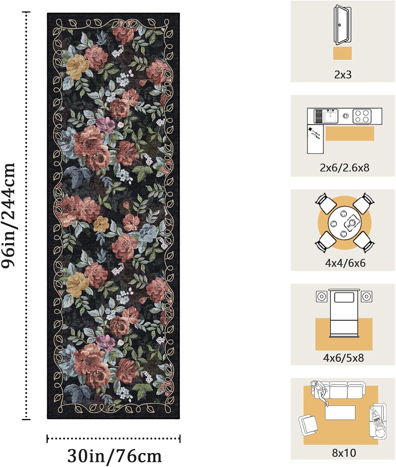 2.6x8 Machine Washable Runner Rug, Kitchen Hallway Area Rug Dark Blue Black Vintage Boho Floral Ultra Non-Slip Low Pile Soft Faux Wool Carpet Kids and Pets Friendly for Bedroom Entryway Nursery Rug