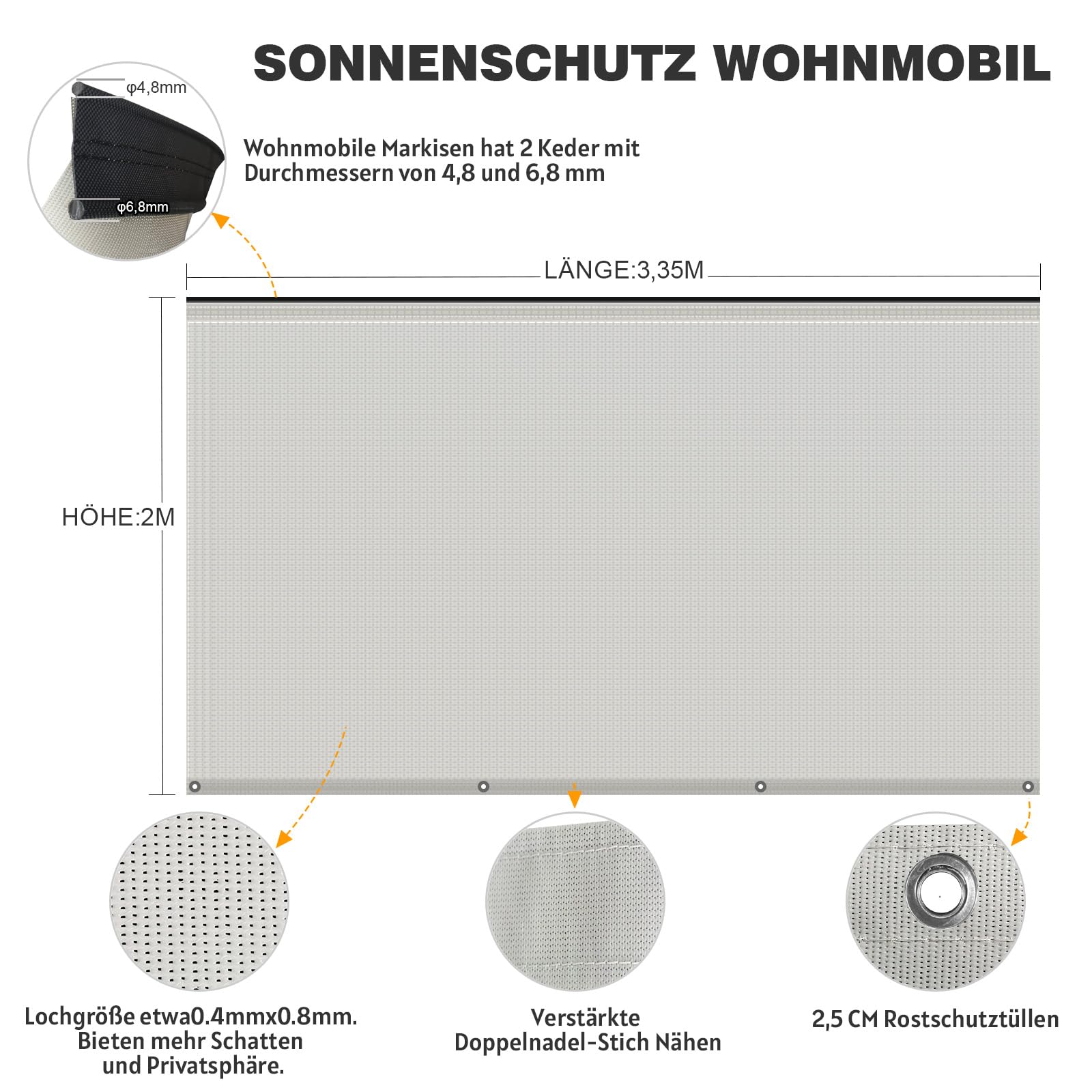 Sonnenschutz für Wohnmobile,Wohnmobile Markisen,Sunblocker-Markisen,Universelle Sonnenschutz-Markisen Keder mit Ø4.8mm&6.8mm, Vorderwände für Markisen mit kompletten Sets 2Mx3.35M Beige