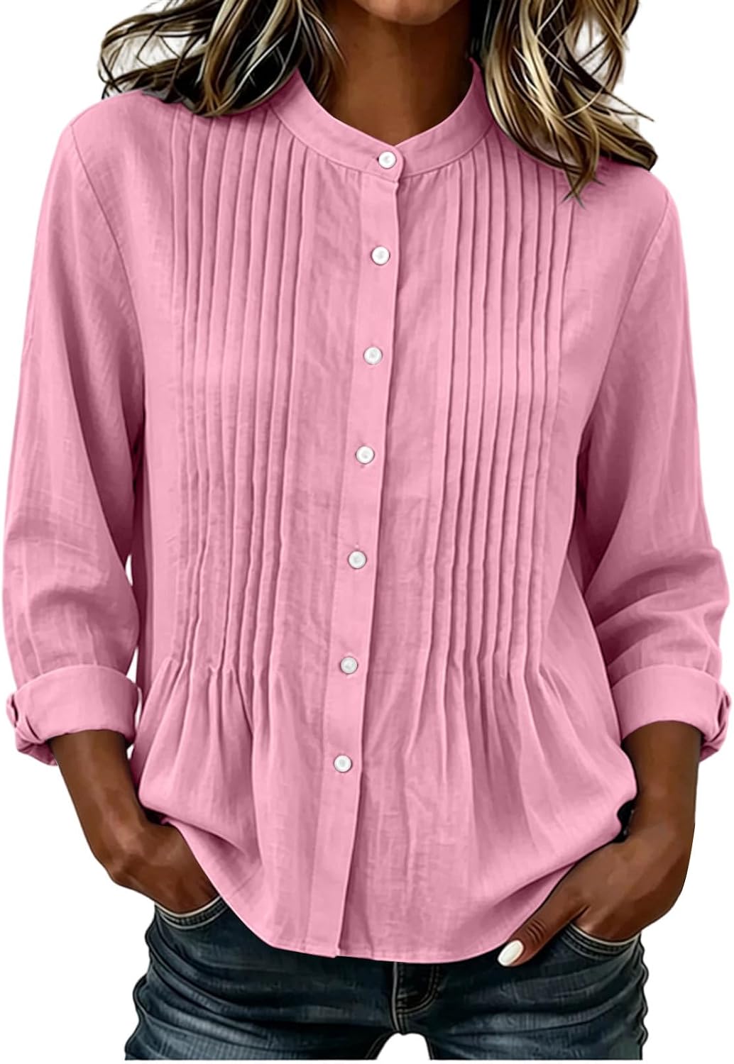 Womens Pintuck Blouses Stand Collar Pleated Shirts | Elegant Mandarin Collar, Vertical Chest Pleats, Classic Button Down, Lightweight Slub Fabric, Smart Office Wear