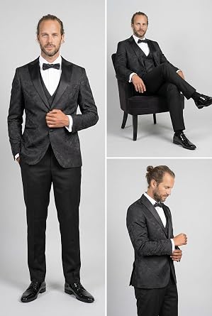 Mens Jacquard Tuxedo Suit Cotton Blend Satin Lapel 3 PC Wedding Black Tie Set