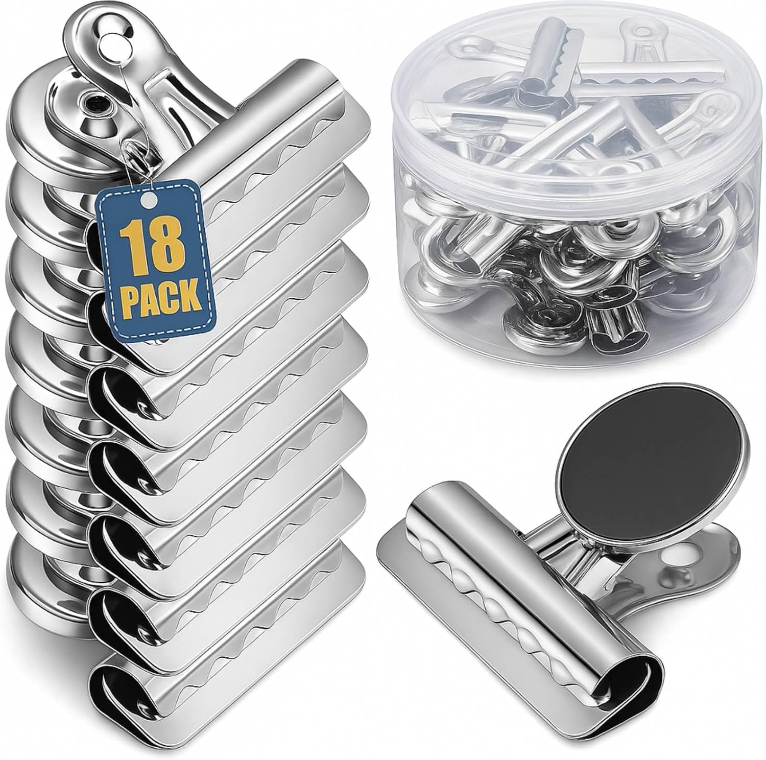 18 Pcs 18 Pcs Magnetic Clips 2.2 Inch Metal Heavy Duty Refrigerator Magnet Clips with Box for Whiteboard Fridge Photo Displays Office School Classroom(Silver)