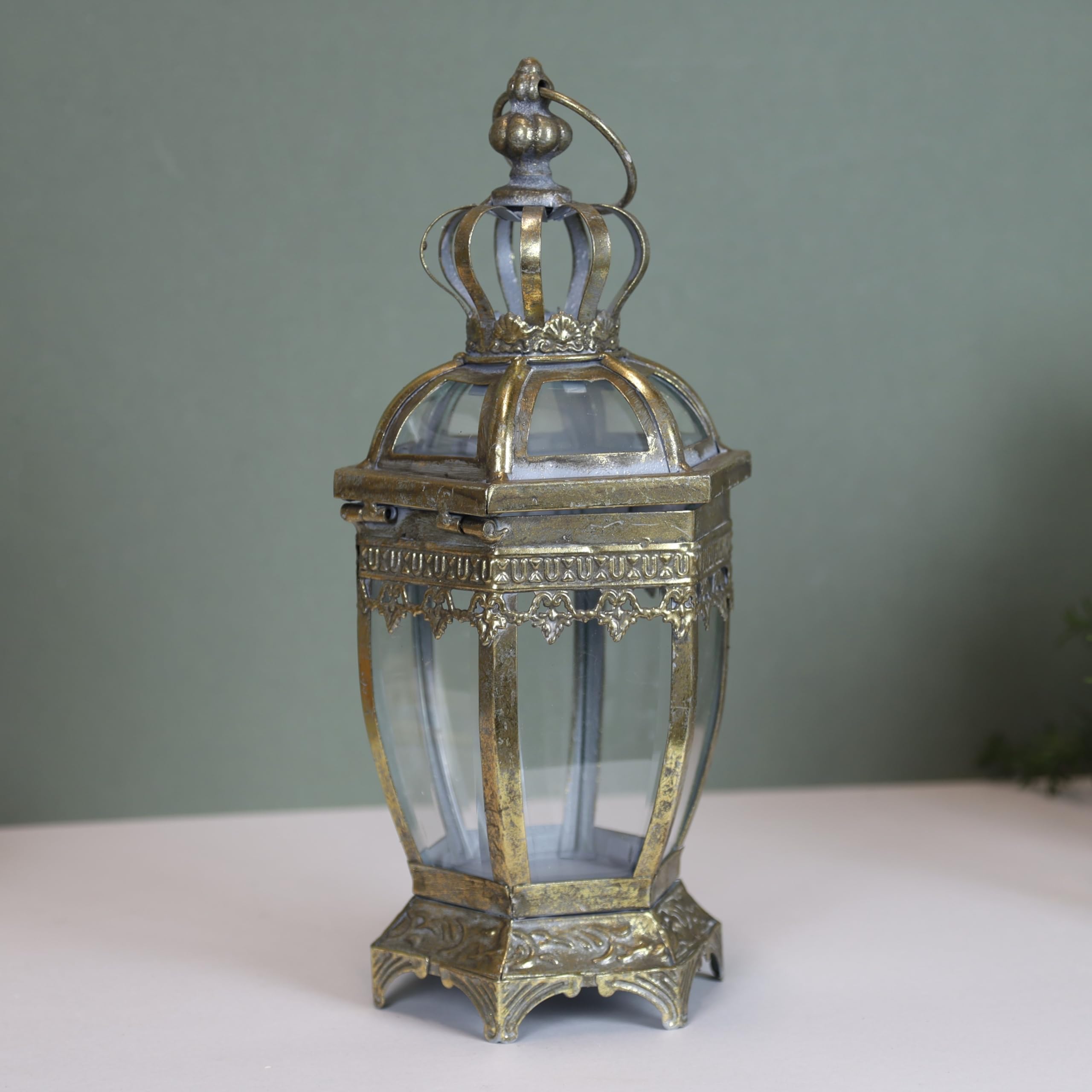Gold Tealight Vintage Candle Metal Hanging Lantern Hexagonal Pillar Glass Antique Style
