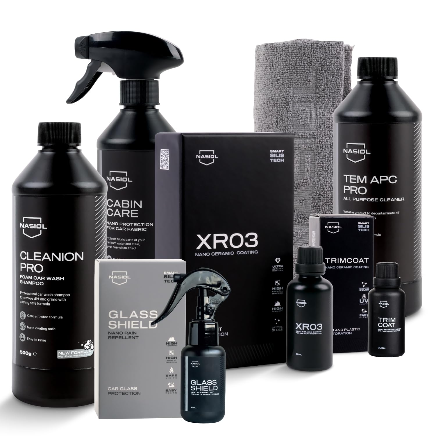 Nasiol Car Nano Protection and Cleaning Package Professional-Advantage Set-(Rain Repellent,Ceramic Coating,Plastic Protection,Fabric Protection,Car Shampoo,Car Interior Cleaner,Microfiber Cloth)