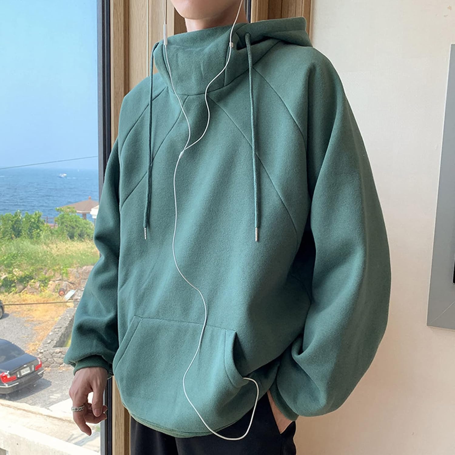 DGHM-JLMY Men's High Collar Loose Hoodie Fashion Long Sleeve High Collar Hooded Turtleneck Zipper Loose Fleece Outwear
