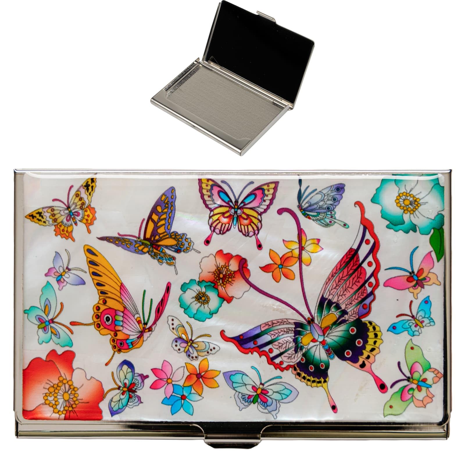 February Mountain Mother of Pearl Business Card Case - Korea Traditional Gifts, Slim Metal Holder for Business & Credit Cards, Pocket-Sized Purse Wallet
