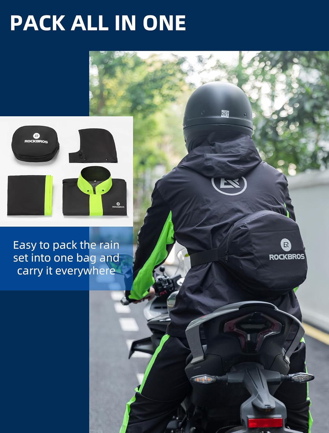 ROCKBROS Cycling Rain Suit for Men Motorcycle Rain Jacket with Pants Windbreaker for All Sports Motorcycle Rain Gear