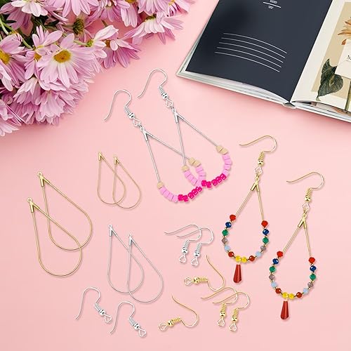 Miniatura 10 de Juego de 96 aretes de aro con cuentas para hacer joyas, aretes triangulares, lágrimas, redondos, con 200 ganchos para aretes, aros y alambres para