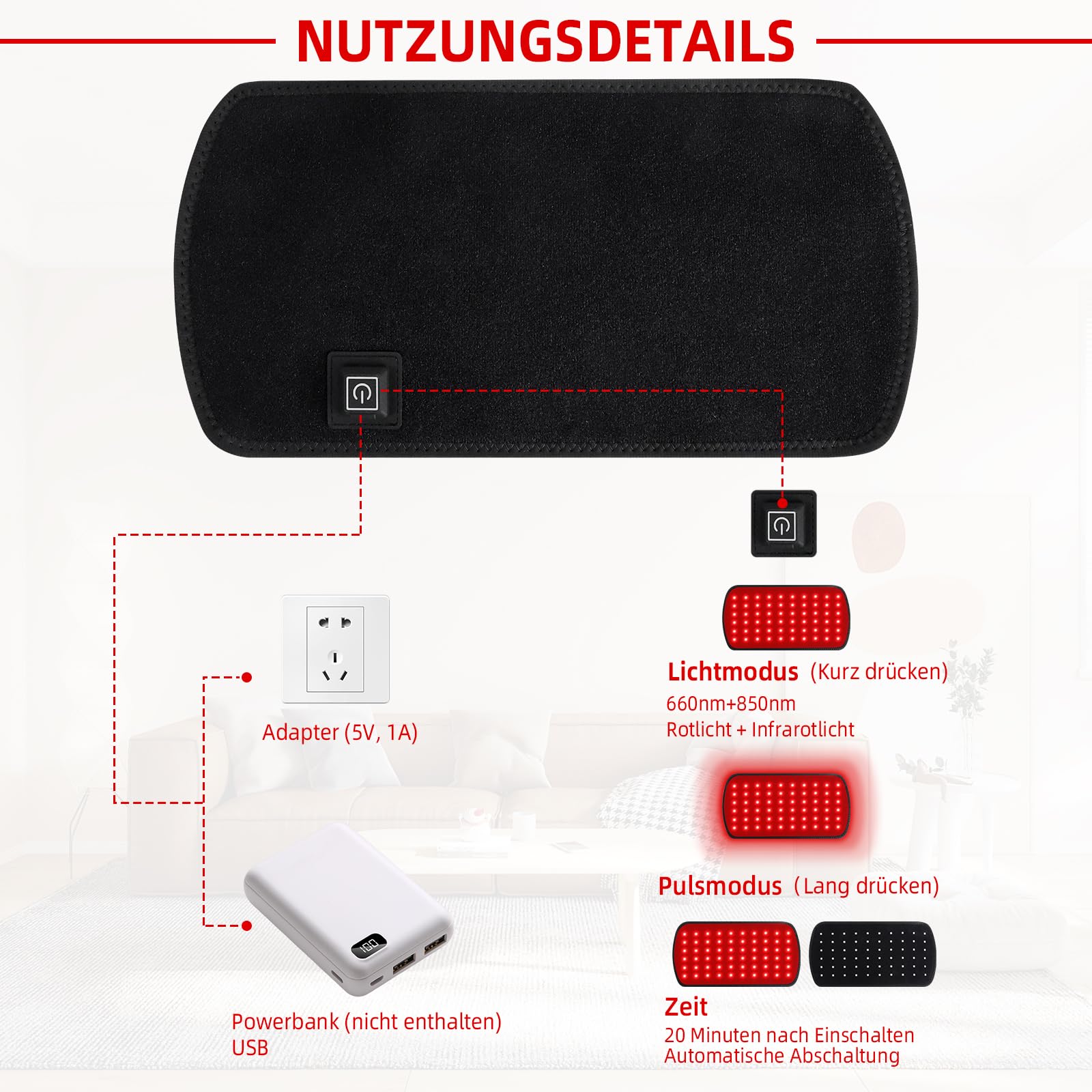 Rotlichtlampe Gürtel, Nahinfrarot-Lichttherapie für Körper, Triple-Chip 660nm 850nm LED Infrarot-Gürtel, Tragbares Infrarotlicht-Gerät für Rücken & Knie, Heimpflege-Set