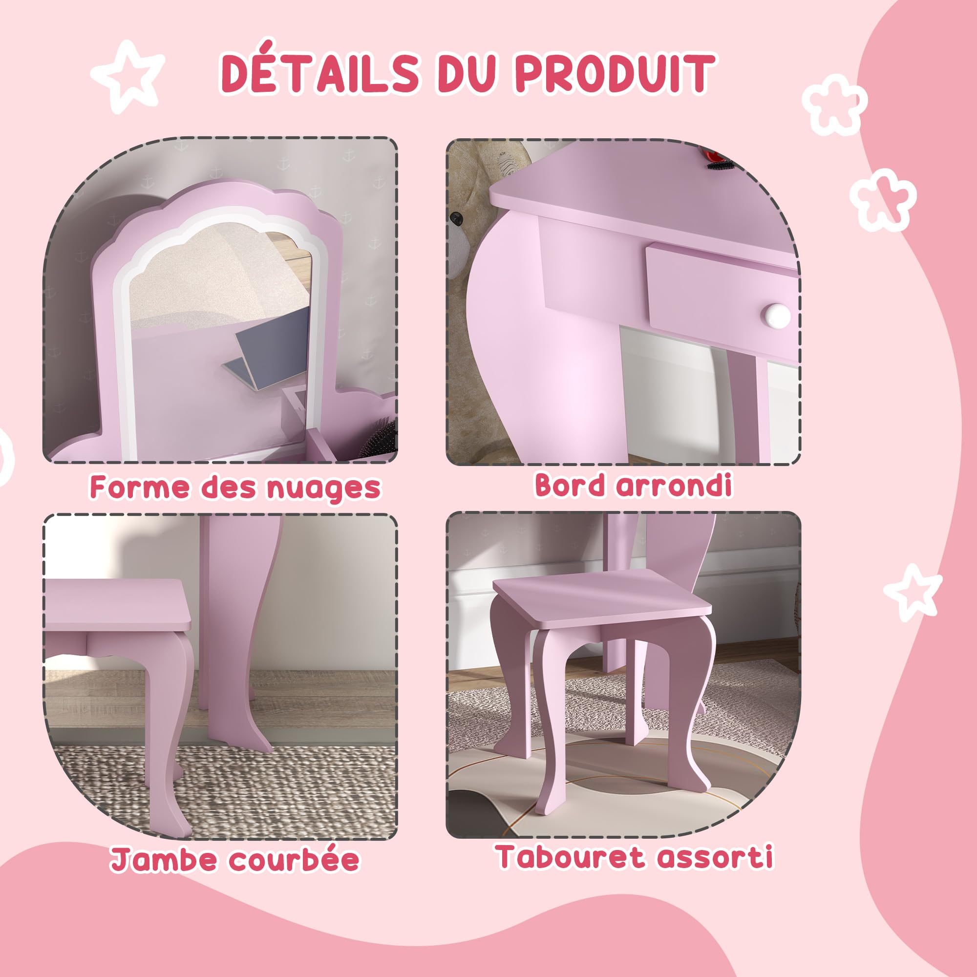 ZONEKIZ Coiffeuse pour Enfant avec Tabouret et Miroir, Petite Table de Maquillage avec tiroir et 2 Compartiments Ouverts, pour Fille de 3-6 Ans, Rose