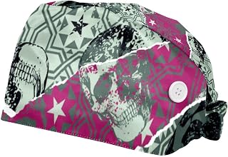 2 Pieces Working Hat with Buttons Adjustable Sweatband Bouffant Hats Unisex Tie Back Hats Vintage Retro Skull