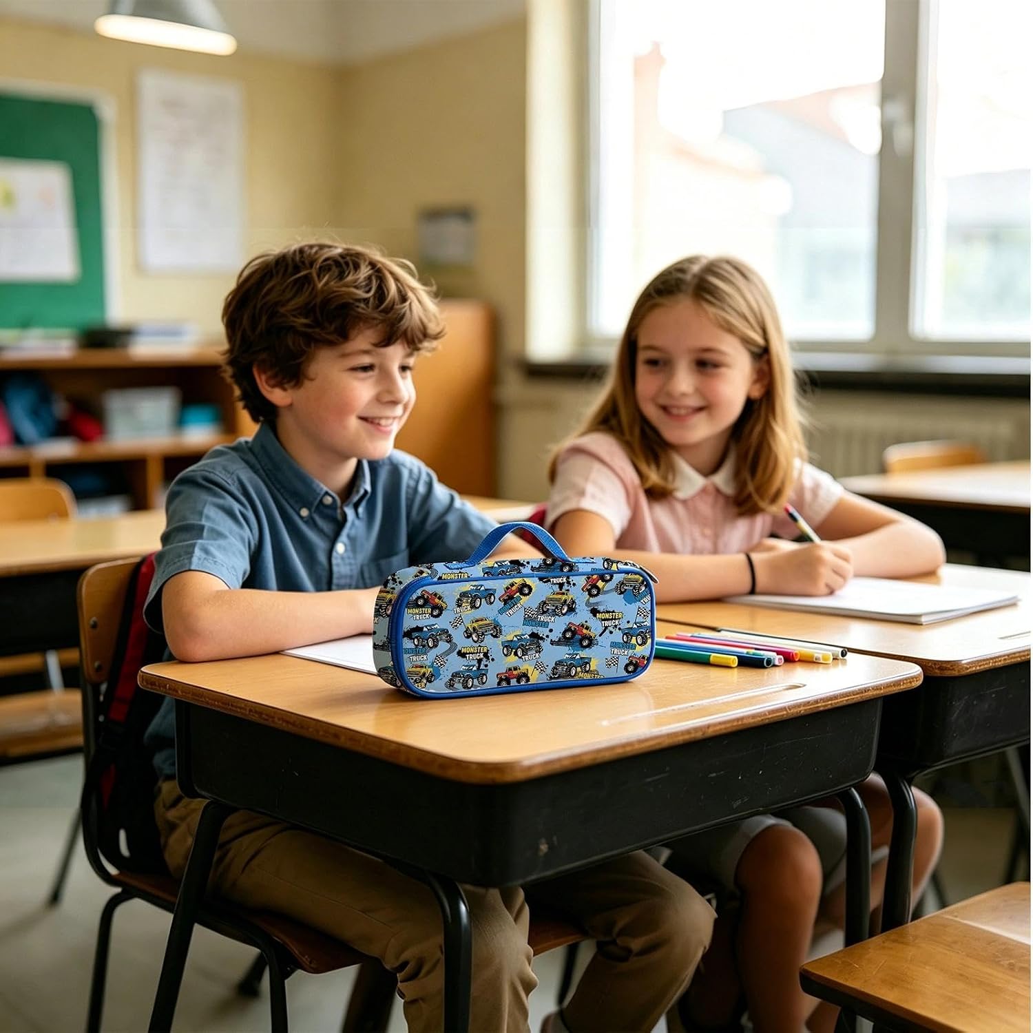 Monster Truck Pencil Case for Boys, Large Capacity Kids Car Pencil Box with Zipper Compartments, Portable Pen Pouch Bag for Office School Travel