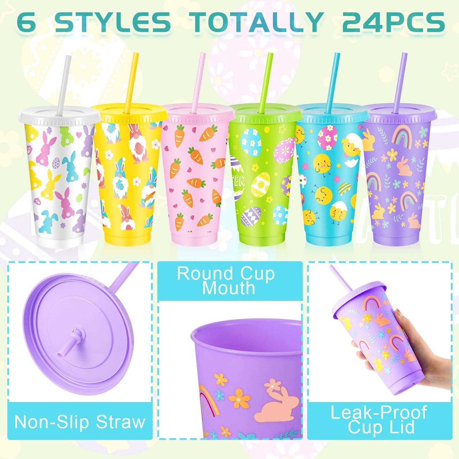 Uiifan 24 Pcs Easter Cups Bulk Plastic Bunny Tumbler with Lid and Straw 24 oz Reusable Easter Cups for Party Supplies Decoration(Vibrant) - Image 3