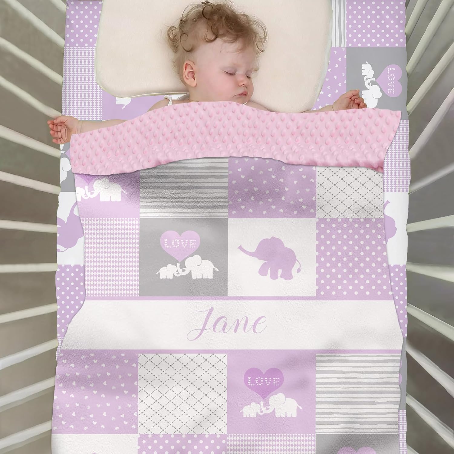 Personalized Elephant Purple Baby Bedding Set for Girls, Custom Name Comforter, 2 Piece Nursery Bedding Set with Fitted Sheets