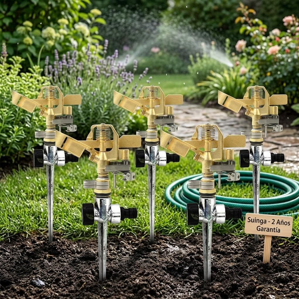 Suinga Pack 5 Aspersor de Riego Agrícola de Latón Ajustable 1/2" con Soporte Metálico | Alcance de 10 a 15 Metros | Ángulo Regulable 0-360° | Caudal 9-20 L/min | Aspersor para Jardín, Huerto