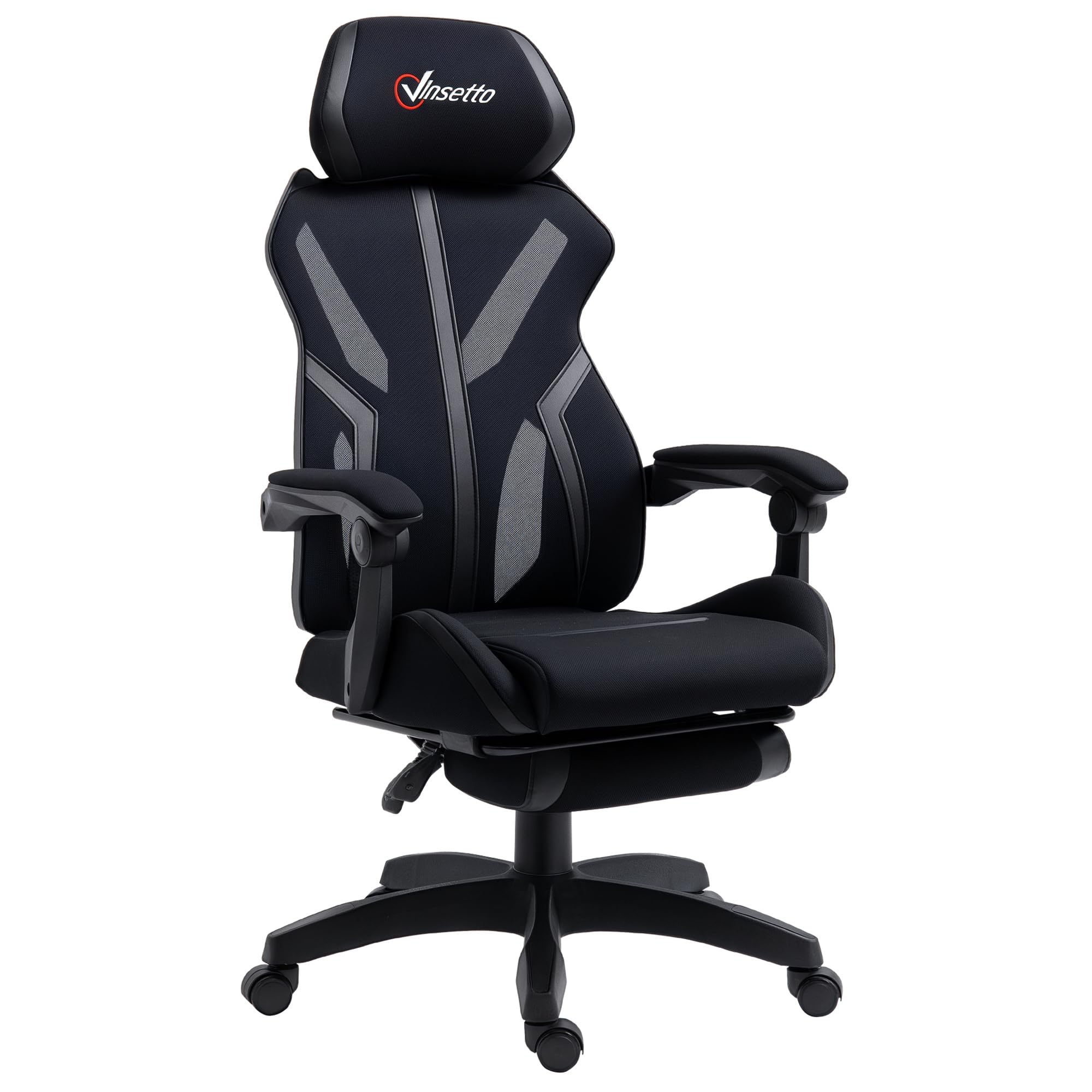 Vinsetto Silla Gaming con Reposapiés Retráctil 65x65x119-129 cm Negro | Silla de Oficina Giratoria Reclinable, con Reposacabezas, Altura Ajustable
