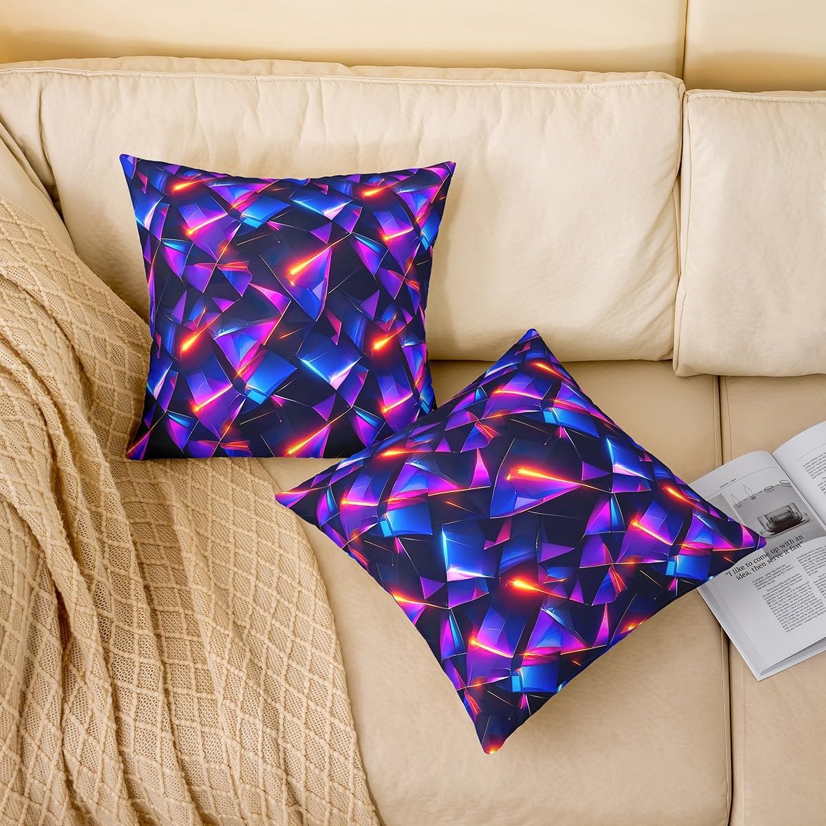 Erosebridal 3D Neon 24x24 Inch,Abstract Pattern Throw Pillow Cover Reversible Purple Blue Modern Cushion Cover for Boys Kids Adults Teens, Neon Bedroom Office Sofa Couch Living Room Cushion Case