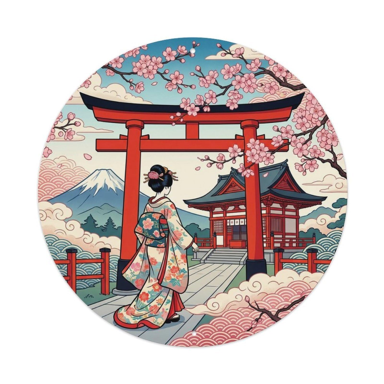Japanese Geisha Red Torii Cherry Blossoms Visiting Metal Tin Sign