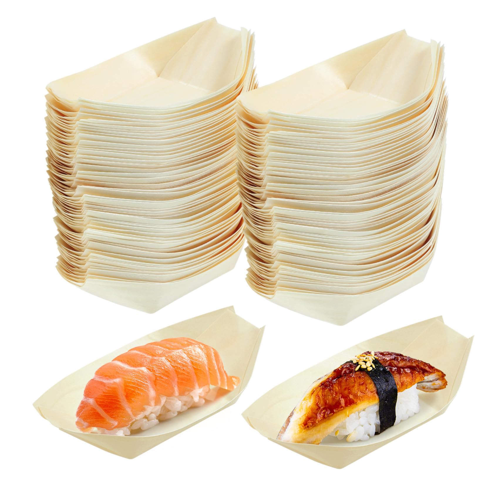 CONGARTENO 100PCS Disposable Wood Sushi Boat Multi Functional Food Bowl for Parties Catering and Home Use for Sushi Snacks and Desserts