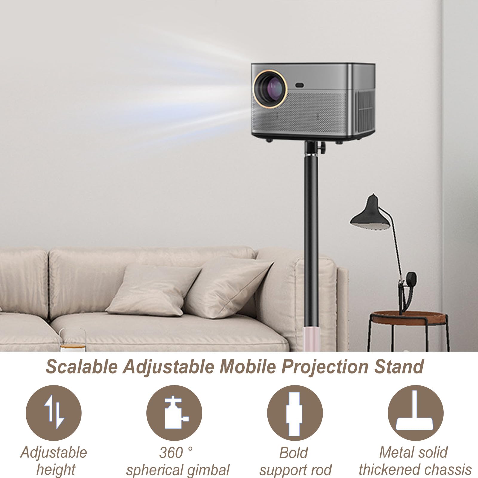 Support de vidéoprojecteur, pivotant à 360°, hauteur réglable de 85 à 130 cm, tige de support en métal épais, pied en métal stable, capacité de charge jusqu'à 5 kg, mini support de sol pour la maison