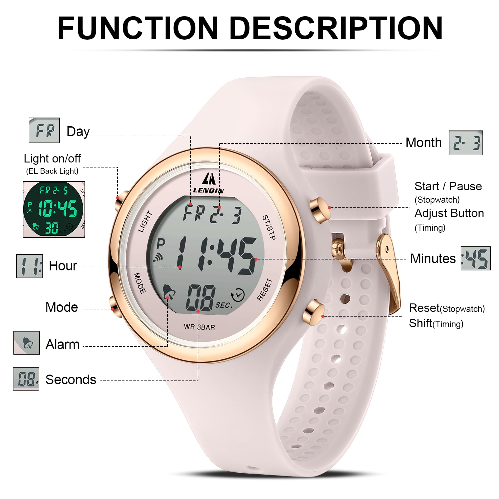 LN LENQIN Orologi da donna Orologi da donna Orologi sportivi cronografi impermeabili per donne Cinturino in silicone con luminescenza/data/settimana/mese