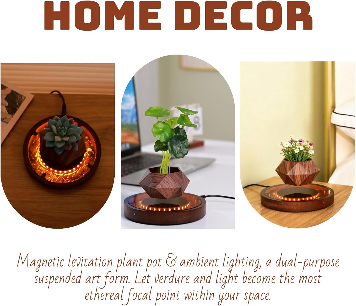 MOOCCI Levitating Plant Pot with Light, Magnetic Floating Flower Pot with Rotating and Auto-Spinning, Brown Wood Grain Planter for Succulents, Cool Desk Decor for Home Office, Unique Gift Idea