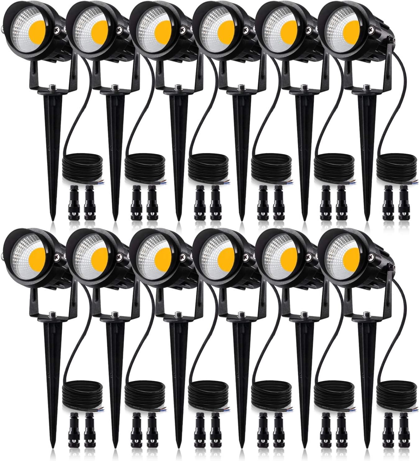 SUNVIE 12W Low Voltage LED Landscape Lights with Connectors, Outdoor 12V Super Warm White (900LM) Waterproof Garden Pathway Lights Wall Tree Flag Spotlights with Spike Stand (12 Pack with Connector)