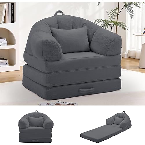 Folding Sofa Bed, Convertible Sleeper Chair with Armrest, Floor Futon Couch with Pillow, Sleeper Single Chair for Adults, Couches for Living Room, Small Couches for Small Spaces,Grey