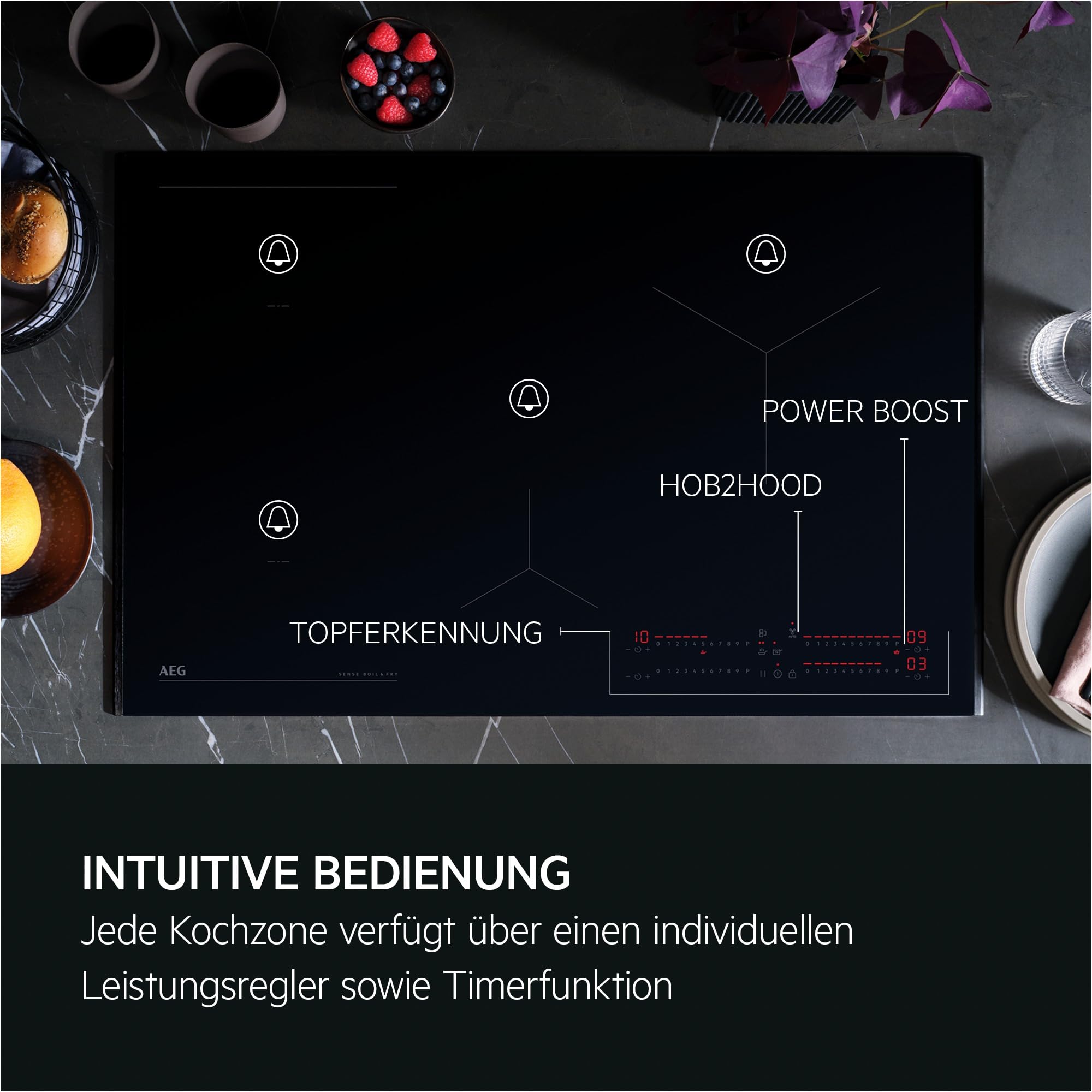 AEG Induktionskochfeld 80 cm SaphirMatt Testsieger ETM TII84B0FFZ | Bis zu 10x weniger sichtbare Kratzer, resistent gegen Fingerabdrücke, Made in Germany, schnelles Aufheizen mit PowerBoost