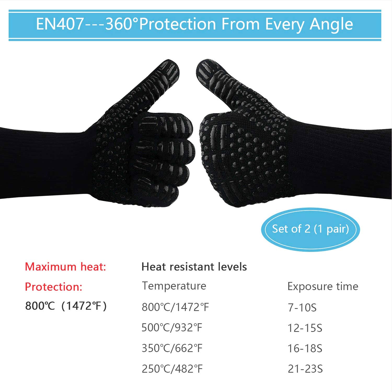 Win.Max Guanti da barbecue, da forno, per barbecue, da forno, resistenti al calore, fino a 800 °C, 1 paio di silicone antiscivolo EN407, per grigliare, cucinare, saldare, focolare