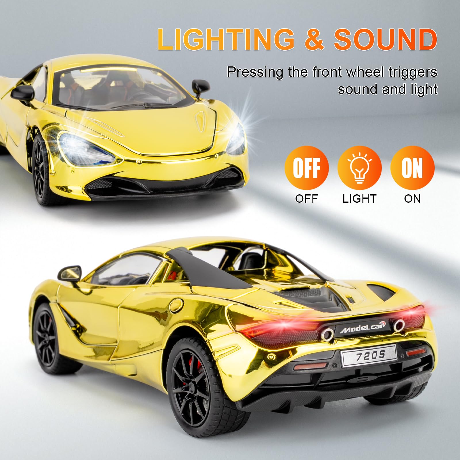 BGHSCA 1/24 Scale Mclaren 720s Diecast Model Car,Zinc Alloy Pull Back Toy Vehicles with Sound and Light for Kids 3+ Years Old Gift(Golden) - Image 2