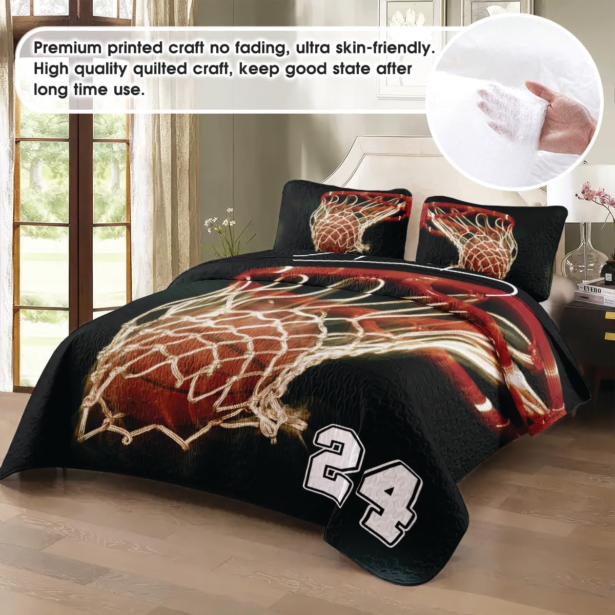 ENCYCOM Personalized Basketball Hoop Quilt Sets with Your Name & Number Basketball Comforter, Basketball Quilt Queen Size King Twin Throw Size, Basketball Theme Room Decor, Basketball Gifts for Boys