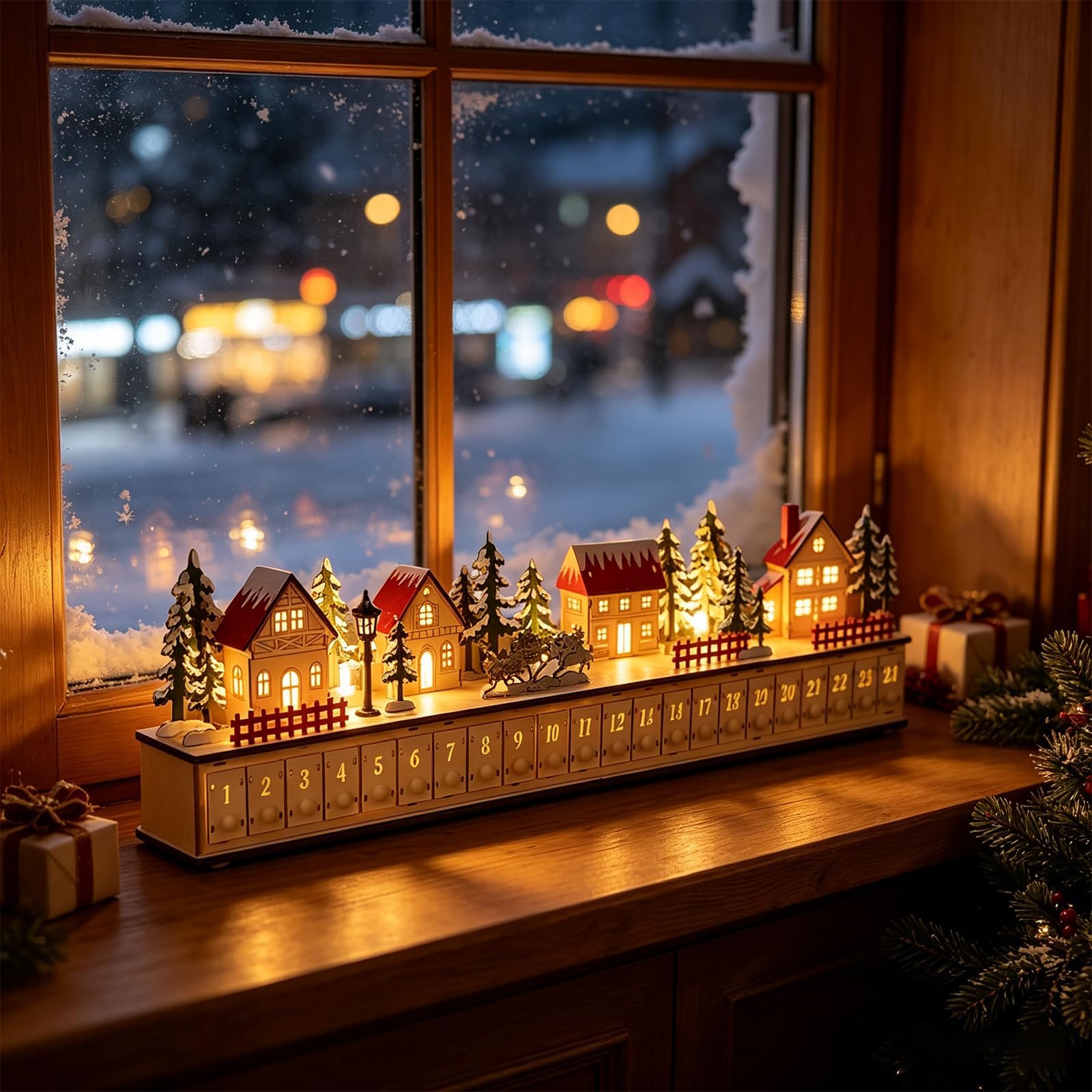 24 Tage Weihnachtsdorf Adventskalender, Weihnachtsdorf Mit Beleuchtung, Adventskalender Zum BefüLlen, Weihnachtsdeko Holzmaterial, Wiederverwendbar, FüR Kamine, Fenster, Esstische Und Wohnzimmer.、A