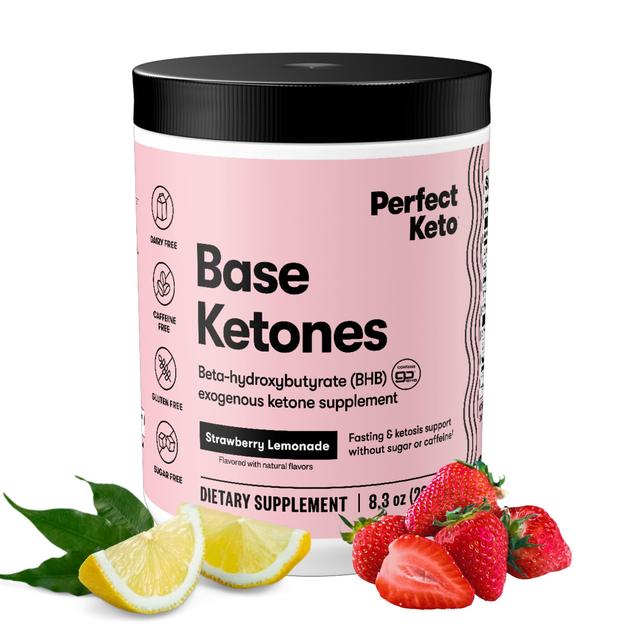 Perfect Keto Exogenous Ketones Powder, BHB Salts Supplement for Ketosis & Fasting, Electrolytes for Hydration, Caffeine Free Energy, Keto Diet, Focus & Workout Support, Strawberry Lemonade, 8.57 oz