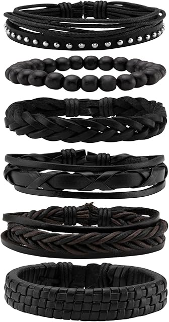 MILAKOO 6Pcs Braided Leather Bracelets for Men Women Wood Beads Bracelet Adjustable