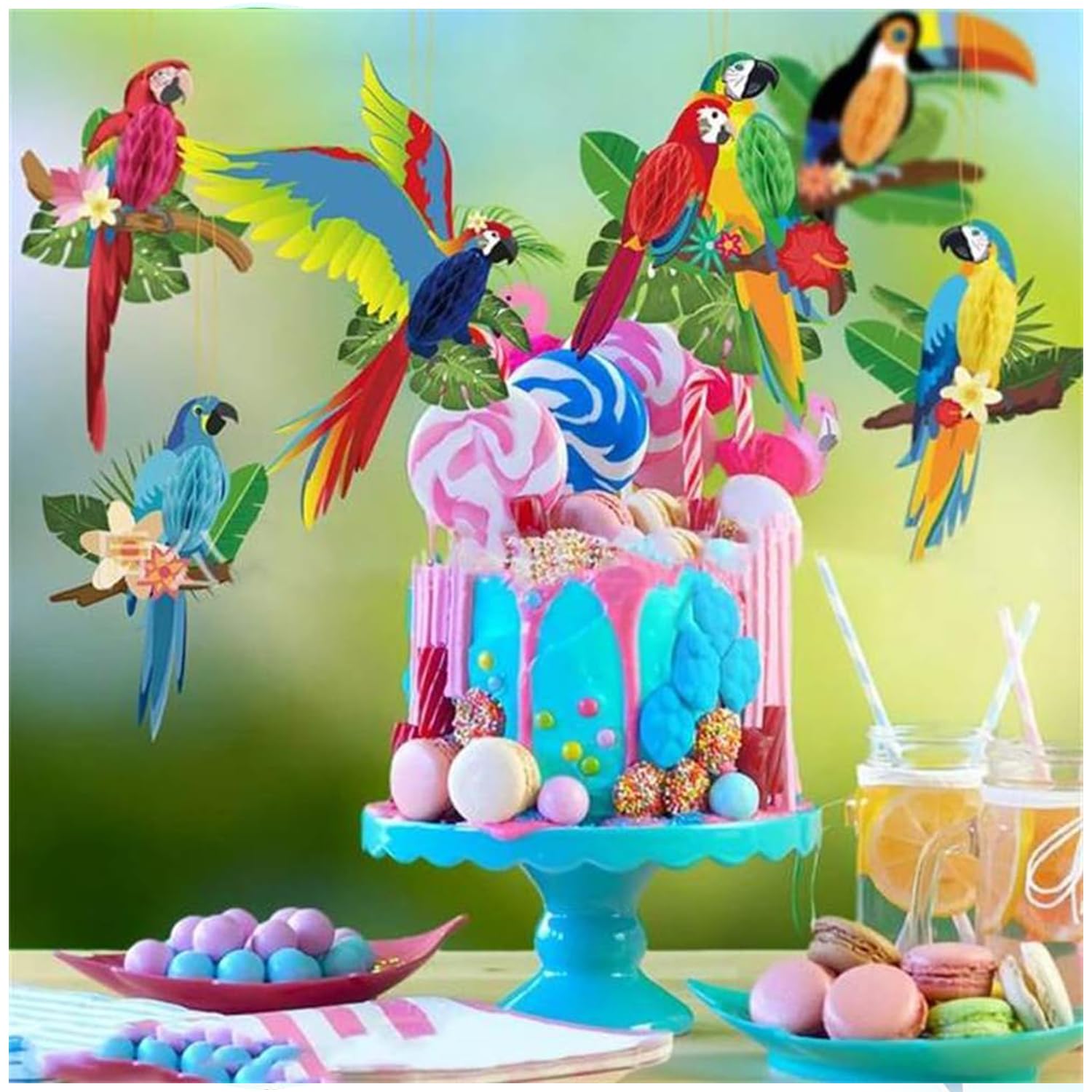 WUBAYI Paquete de 9 recortes de panal de abeja tropical 3D, accesorios colgantes de fiesta hawaiana para decoración de playa Luau, aula de safari y temática de selva