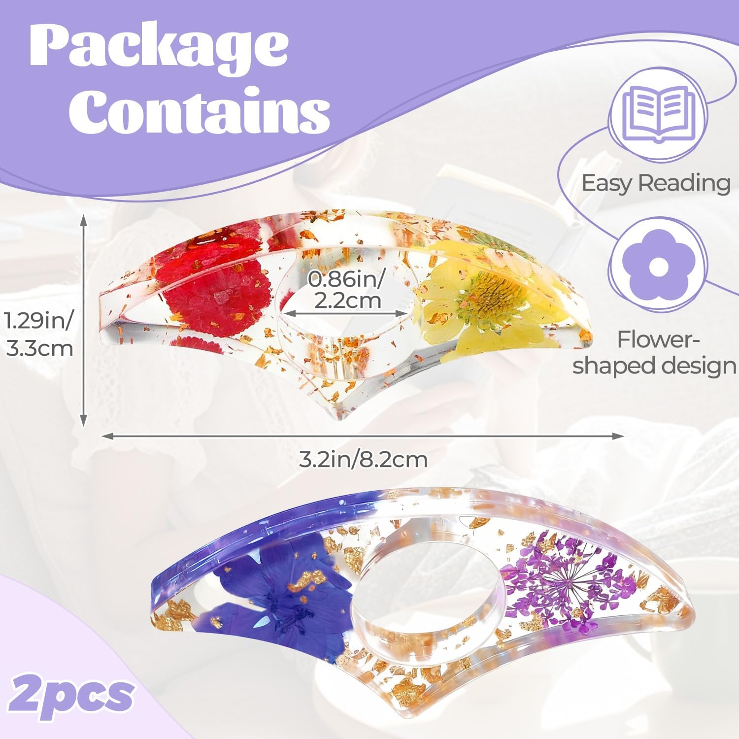 Dried Flower Book Page Holder 2PCS Book Accessories Thumb Book Page Holder Handmade Flower Bookmark for Reading Lovers Gifts for Book Lovers Teachers Students Kids (StyleC 2Pcs) image 2
