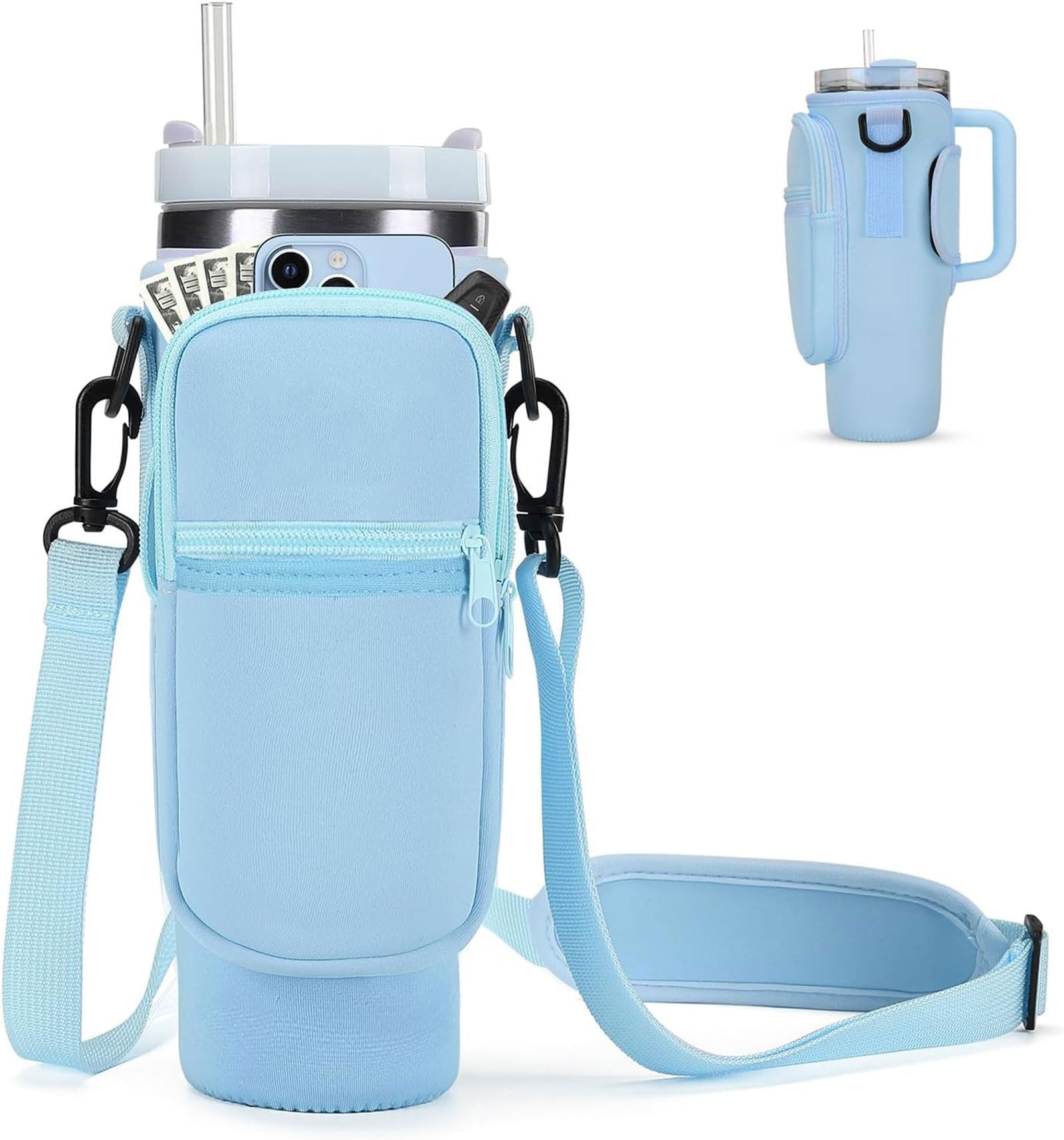 Water Bottle Carrier Bag with Phone Pocket for Stanley 40oz Tumbler with Handle, Water Bottle Holder Pouch with Adjustable Shoulder Strap & Straw Cover for Hiking Travelling Camping (blue)