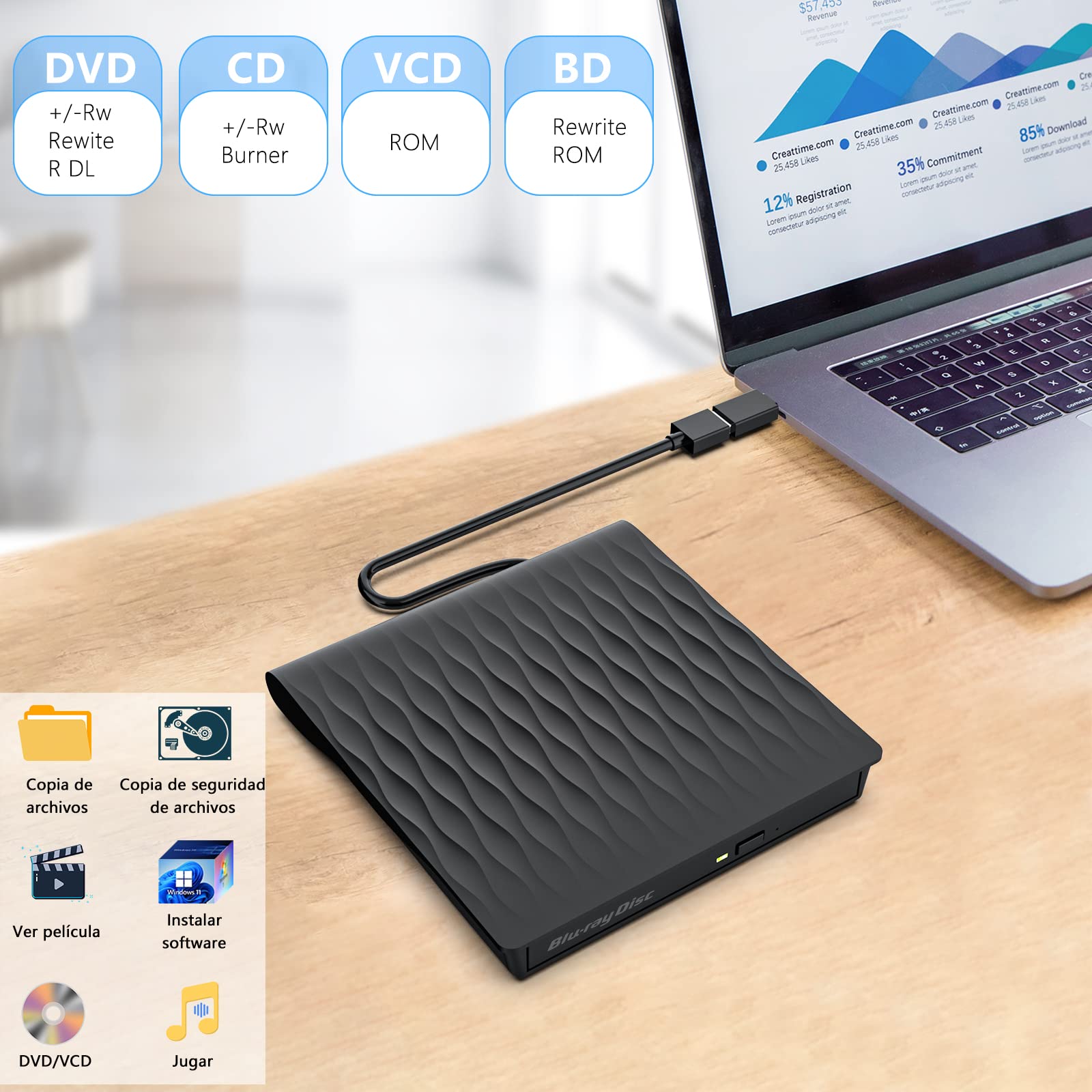 Grabadora Bluray USB 3.0 y Tipo-C Externa RW para Portátil y MacBook