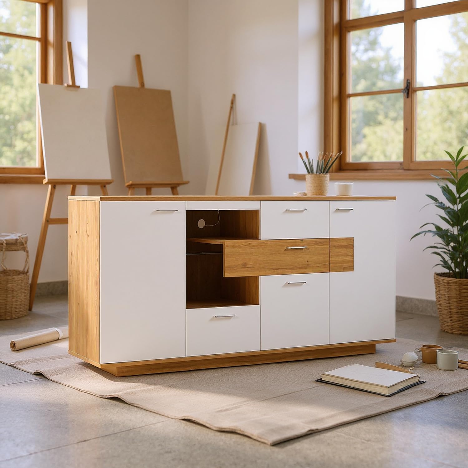 HOMYLIN Armario de almacenamiento artístico de 160 cm con luz LED, organizador de 2 puertas y 4 cajones para estudios y salas de manualidades, color blanco